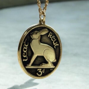 14k Gold Irland Kaninchen Halskette, Silber Irish Bunny Münze Anhänger, keltischer Eire Hase Schmuck, irischer Glücksbringer, Geburtstagskette, Geschenk für Sie