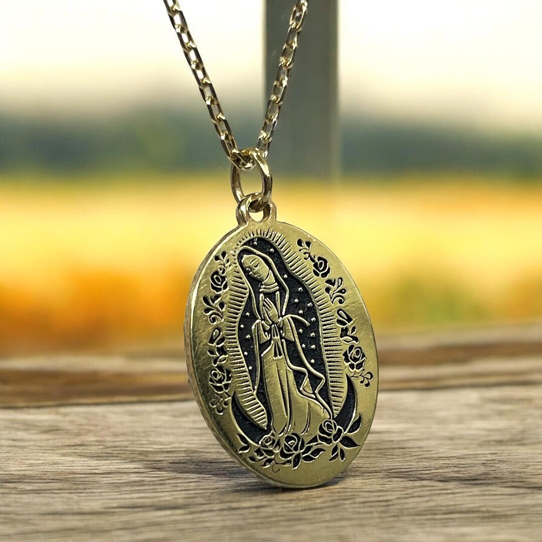 14k Holy Mother Necklace, Sterling Silver Virgin Mary Pendant, Gold ...