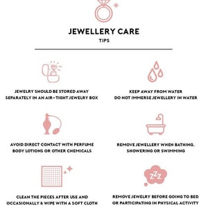 Op de afbeelding: Een roze en witte infographic met tips voor het verzorgen van sieraden. De tips omvatten het opbergen van sieraden in een luchtdichte doos, het weghouden van water, het vermijden van contact met parfum, het verwijderen voor het baden, douchen of zwemmen, het schoonmaken na gebruik en het verwijderen voor het slapengaan of deelname aan lichamelijke activiteit.