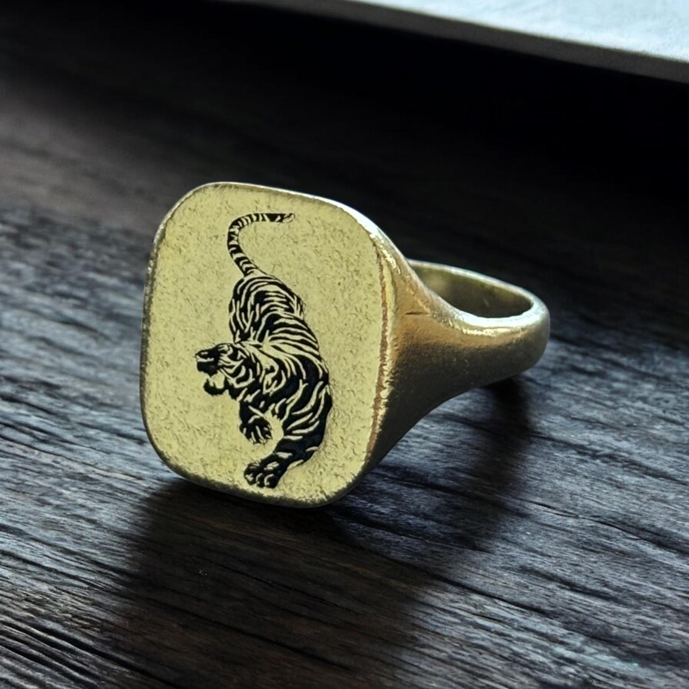 Tiger Signet Ring, Wild Cat Pinky Ring, Asian Animal Ring Women 