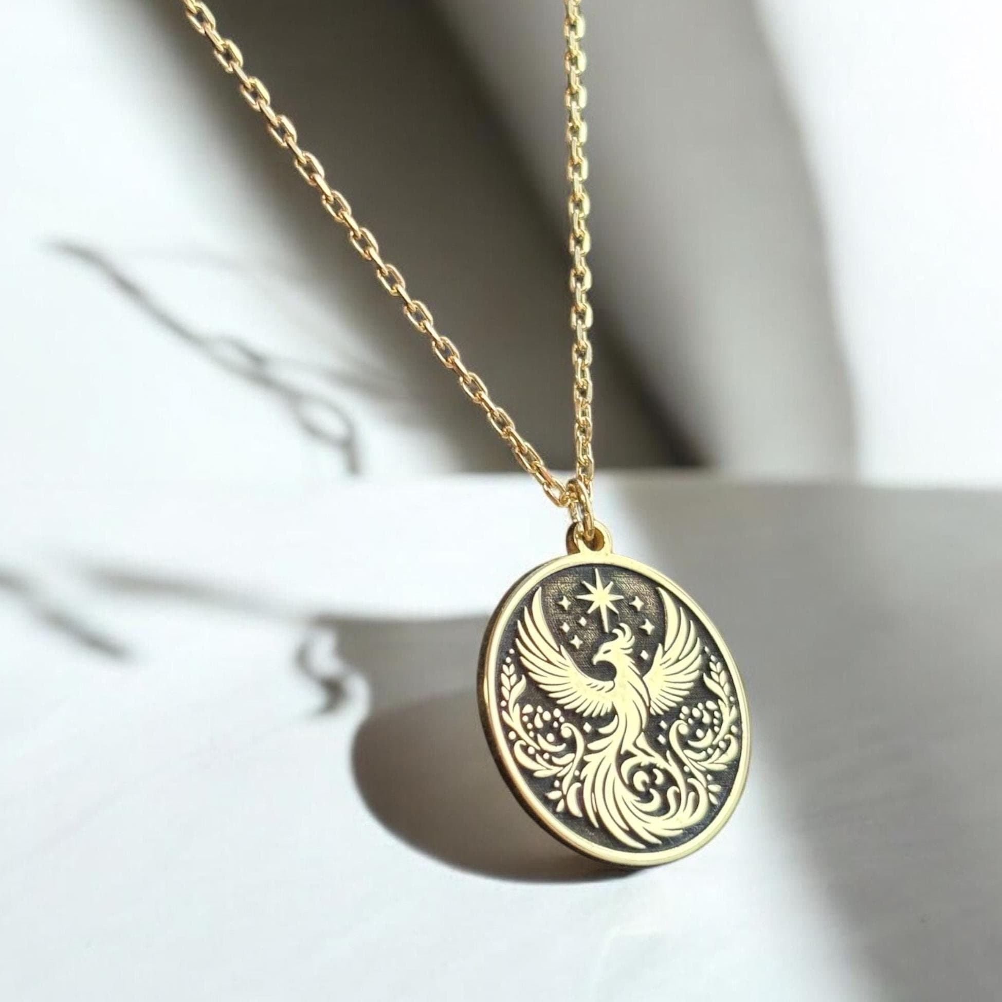 アクセサリー Worlds End Pagan Pendant (Gold) 14k Gold Phoenix Necklace, Silver Legendary Rising Pendant