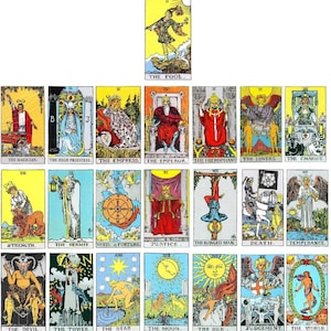 Op de afbeelding: Een volledig tarotdeck met kleurrijke illustraties en tekst. De kaarten zijn gerangschikt in rijen, met alle 78 kaarten van het deck. De kaarten zijn genummerd van 0 tot 21, en elke kaart heeft een uniek beeld en naam.
