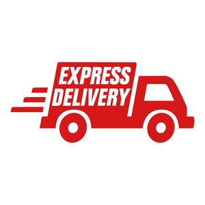 Op de afbeelding: Rode bestelwagen met de tekst "EXPRESS DELIVERY" aan de zijkant, die met een witte achtergrond versnelt.