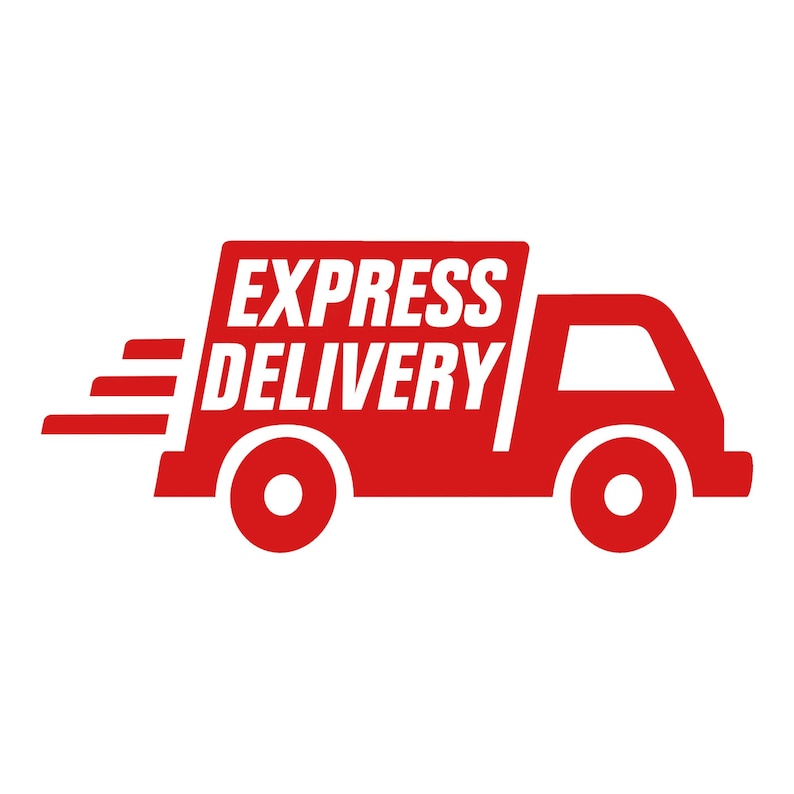 Op de afbeelding: Rode bestelwagen met de tekst "EXPRESS DELIVERY" aan de zijkant, die met een witte achtergrond versnelt.