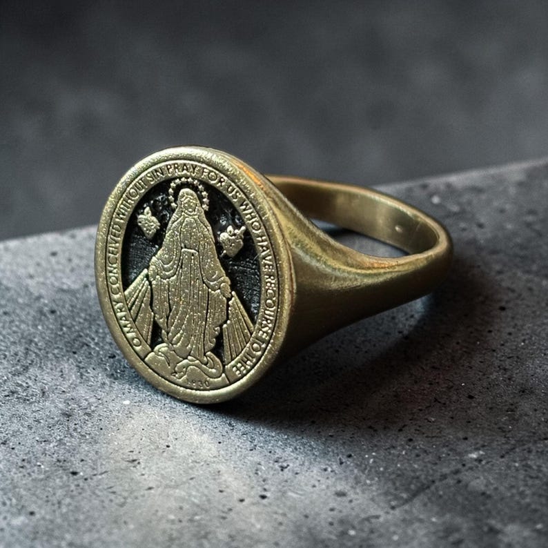 Miraculous Virgin Mary Ring, Marian Consecration Signet Ring, Virgin Mary Pinky Ring, Religious Christian Gifts Women, Family Gifts For Men image 3