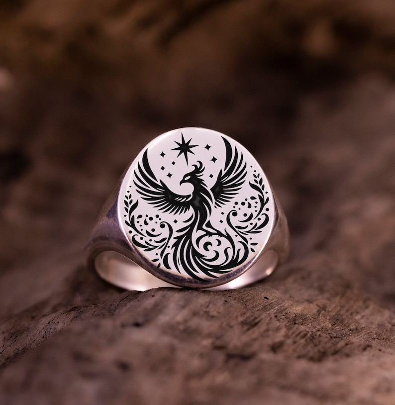 Phoenix Rising Ring Gold Phoenix Ring, Legendary Rising Signet Ring Women, Mythologic Simurg ...