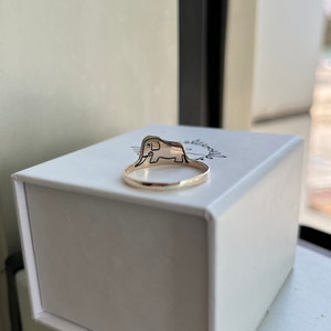 Puede incluir: Un anillo de oro con un dise&ntilde;o de elefante en la parte superior. El anillo est&aacute; sobre una caja blanca con la palabra "absolutamente" escrita en ella.