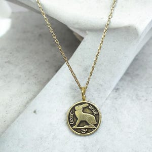 14k Gold IRELAND Rabbit Necklace, Silver Irish Bunny Coin Pendant ...