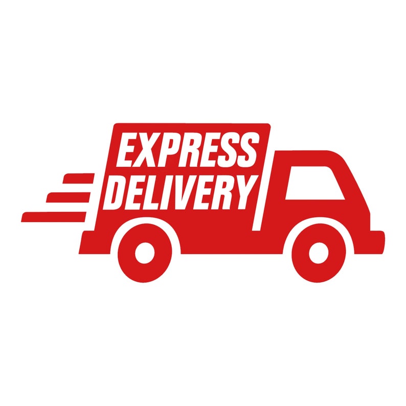 May include: Red delivery truck with the words "EXPRESS DELIVERY" on the side, speeding with a white background.