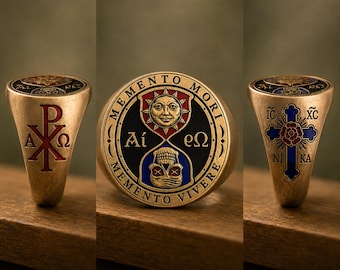 Memento Mori Memento Vivere Signet Ring, Silver Chi Rho Enemaled Pinky Ring, AMORC Rosae Crucis Jewelry, Orthodox Christian IC XC Cross Gift