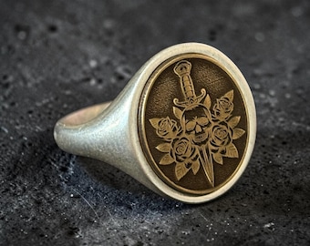 Rose Dagger Skull Signet Ring – Silver Gothic Pinky Ring Jewelry