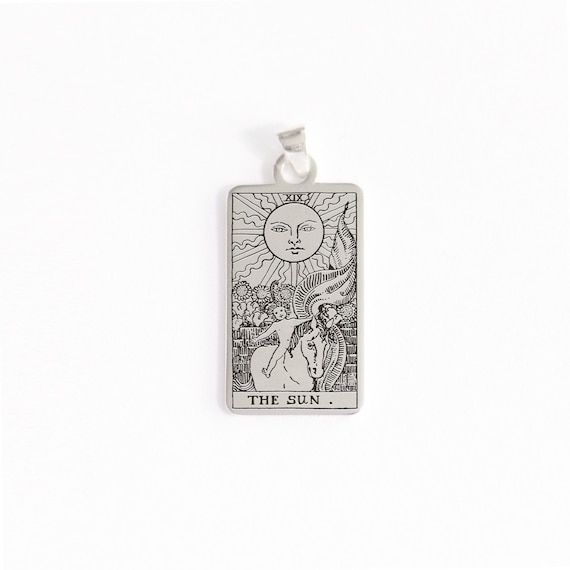 The Sun Tarot Card Necklace, Silver Oracle Card Pentant, Gold Zodiac Tarot Accessory, Modern Tarot Card Halloween Gift, Tarot Jewelry
