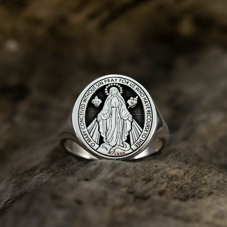 Miraculous Virgin Mary Ring, Marian Consecration Signet Ring, Virgin Mary Pinky Ring, Religious Christian Gifts Women, Family Gifts For Men Silver