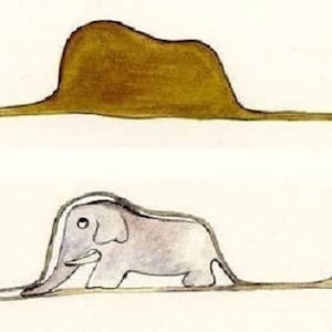 Puede incluir: Un sombrero marr&oacute;n con un cuello largo y delgado y un elefante gris que lleva el sombrero.