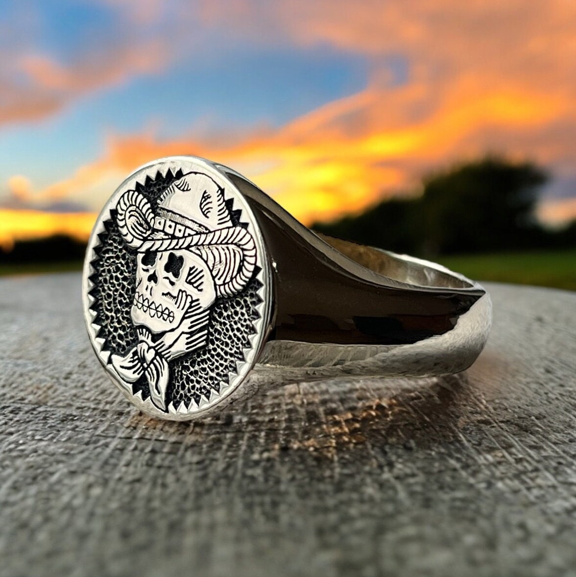 Skull Cowboy Signet Ring, Hand Engraved Zombie Cowboy Ring, Skull