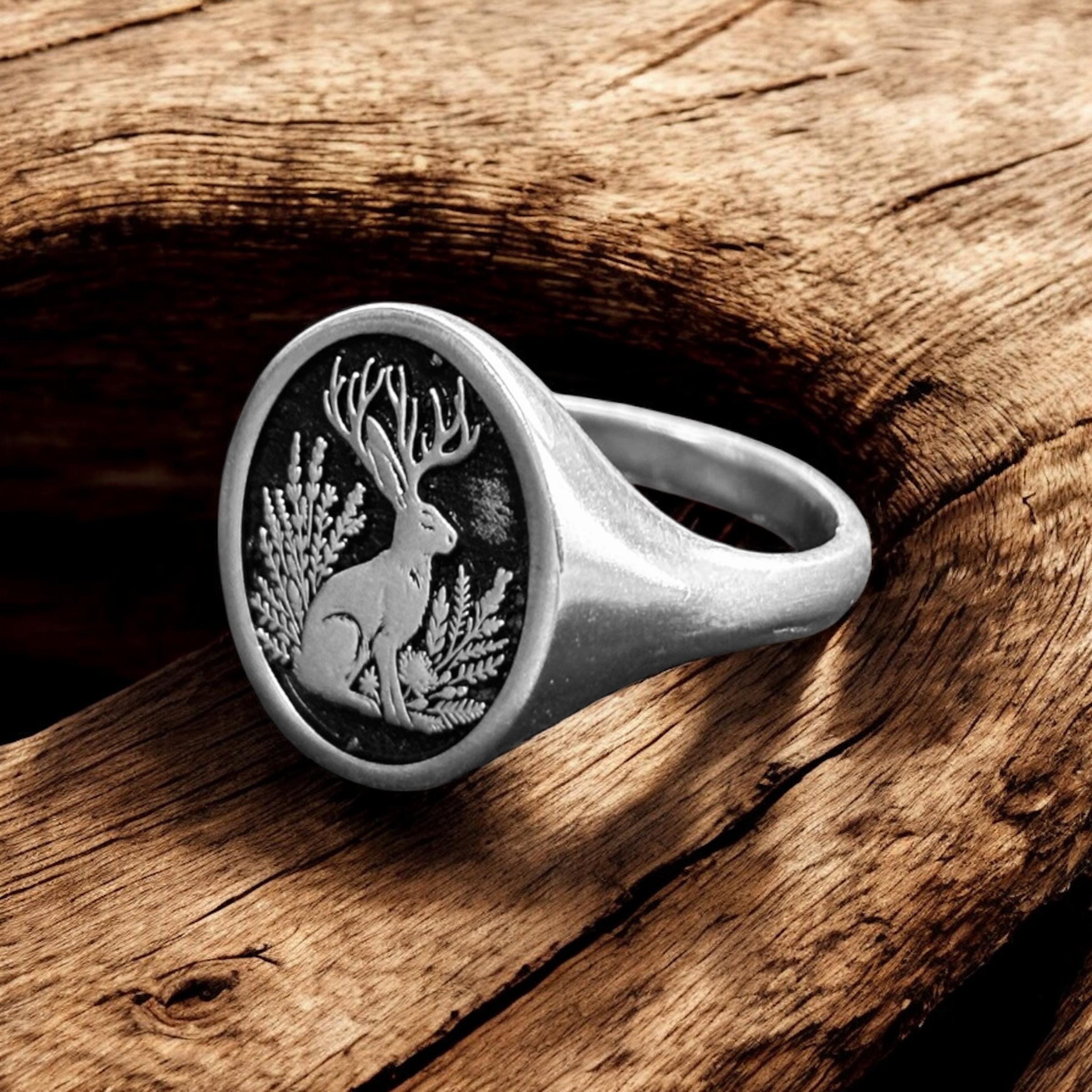 Jackalope Ring, Horned Rabbit Signet Ring Woman, Mythical Pinky Ring ...