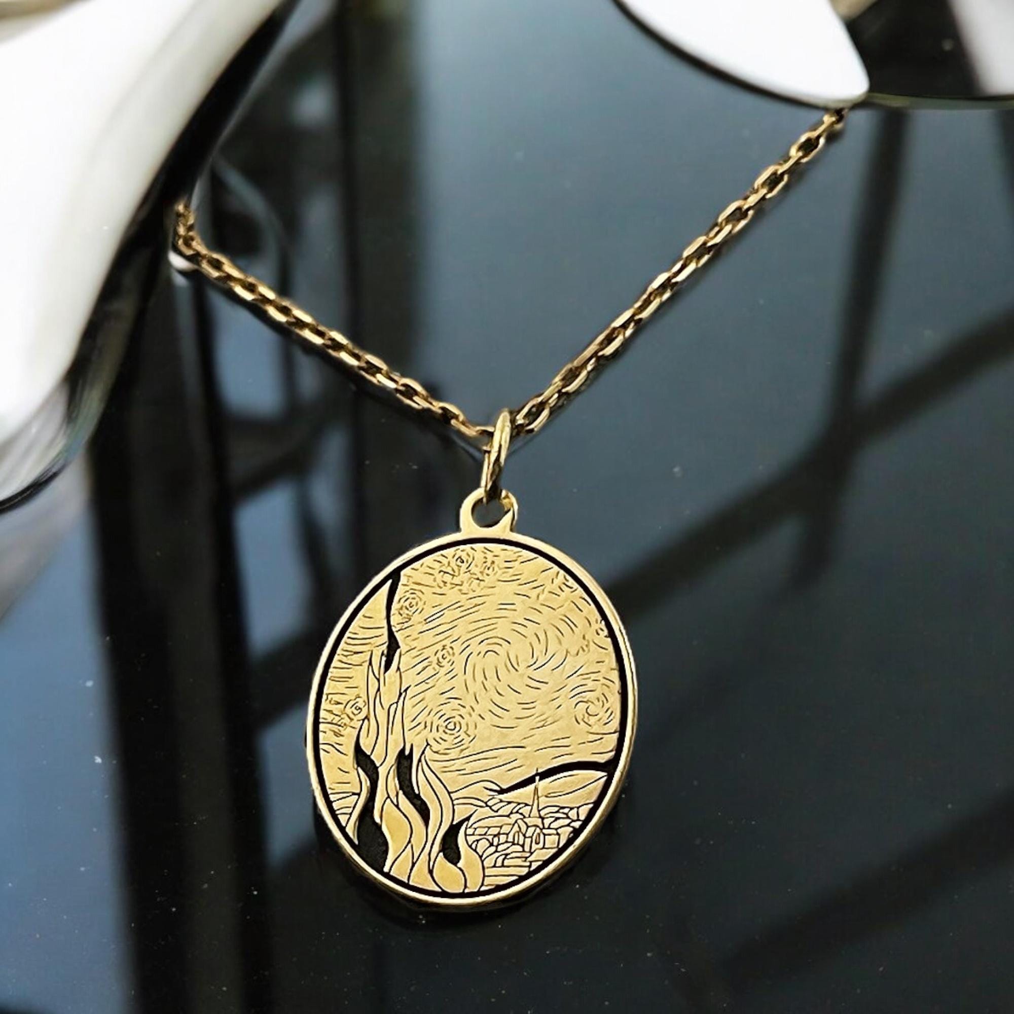 Collana Con Ciondolo Notte Stellata Di Van Gogh: Placcata Oro 14k, Catena Tennis Con Zirconi, 45cm +5cm, Idea Regalo - 4