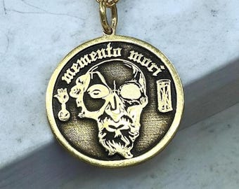 14k Gold Memento Mori Necklace, Silver Unique Skull Pendant, Goth Jewelry, Antique Lovers Charm, Stoicism Chain, Gift for Him, Gift for Her