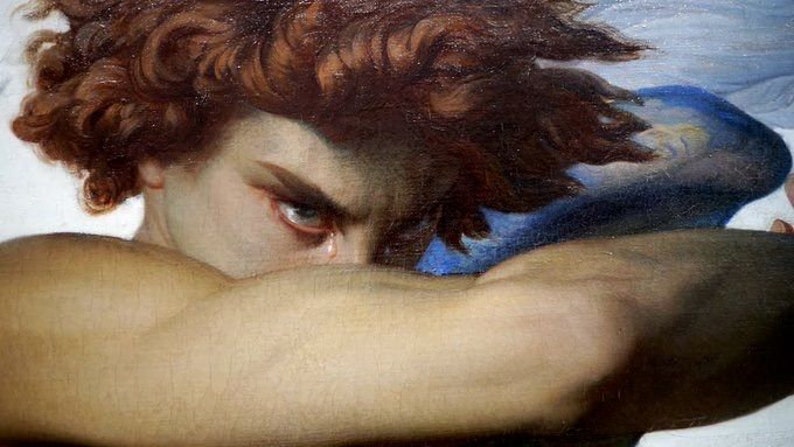 May include: A close-up of a painting depicting a person with curly red hair, looking down with a tear rolling down their cheek. The person is wearing a blue garment and is partially obscured by their arm.
