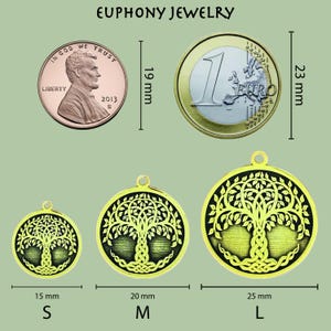 May include: Image of three gold-colored Tree of Life pendants in sizes S (15 mm), M (20 mm), and L (25 mm). A penny and a Euro coin are shown for size comparison. The text "EUPHONY JEWELRY" is at the top.