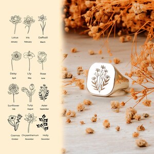 Geburtsmonat BlumenRing, Blumenstrauß Siegelring, personalisierter Quadrat Wildblumen Ring, Geburtstagsgeschenk, Brautjungfer Geschenk, Geschenk für Mütter