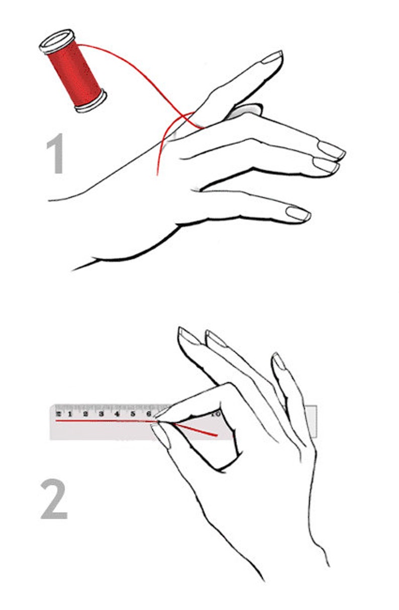 Puede incluir: Una gu&iacute;a paso a paso sobre c&oacute;mo medir el tama&ntilde;o de tu anillo usando un trozo de cuerda y una regla. El primer paso muestra una mano con una cuerda envuelta alrededor del dedo. El segundo paso muestra una mano sosteniendo la cuerda contra una regla.