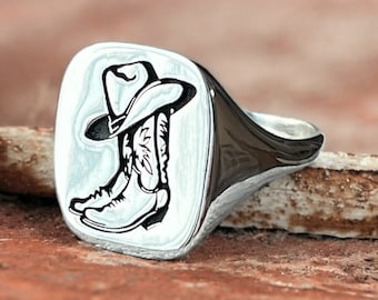 Cowboy Boot Signet Ring, Western Pinky Ring, Western Cowgirl Jewelry, Gift for Him, Bridal Gift for Her, Birthday Gift, Anniversary Gift