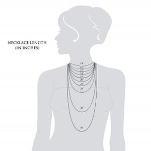 May include: Illustration showing necklace lengths in inches. The image features a silhouette of a person with various necklace lengths displayed, ranging from 14 inches to 36 inches. The text "NECKLACE LENGTH (IN INCHES)" is at the top left.