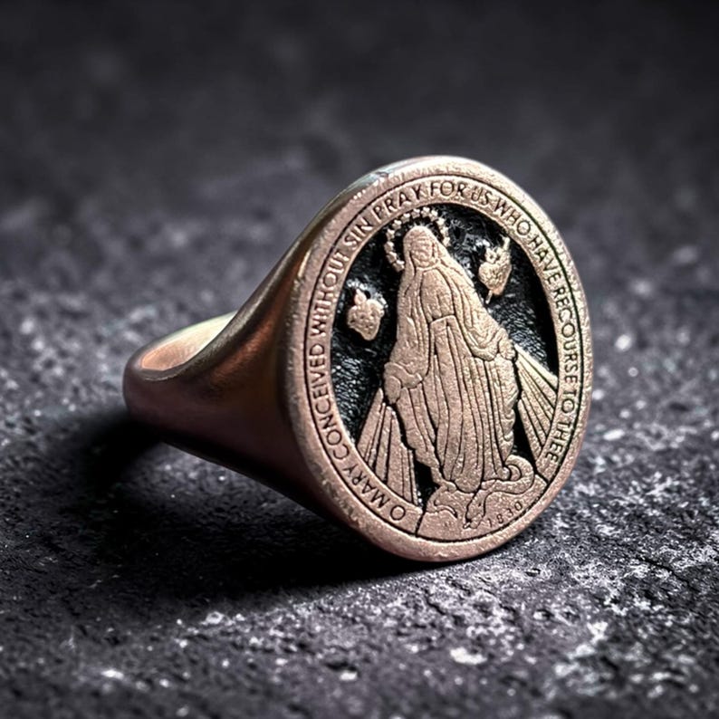 Miraculous Virgin Mary Ring, Marian Consecration Signet Ring, Virgin Mary Pinky Ring, Religious Christian Gifts Women, Family Gifts For Men image 8