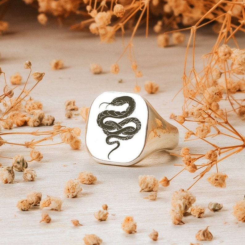 May include: A silver signet ring with a black snake design. The ring is square shaped and has a white background.