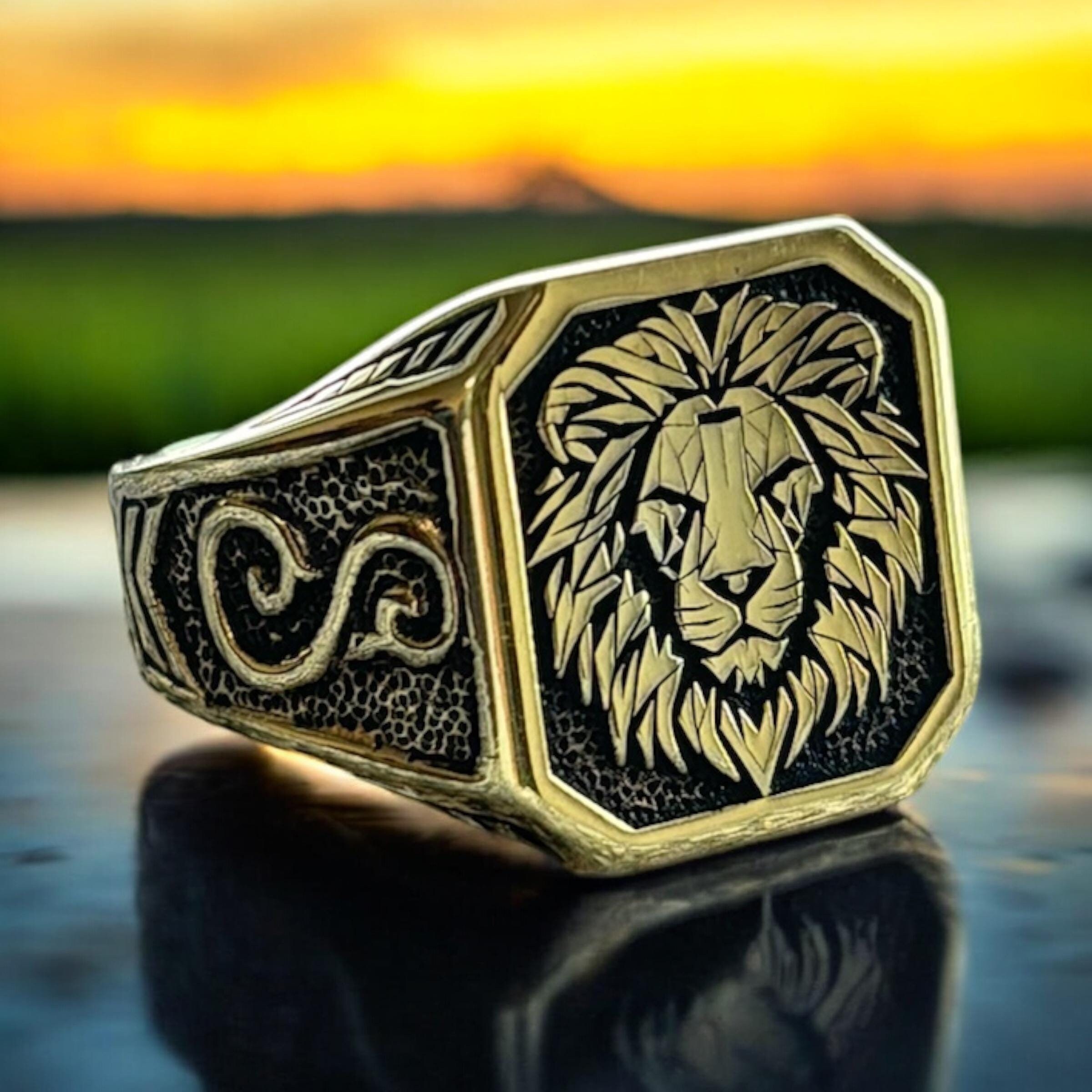 Lion Engraved Rings, Lion Head Signet Ring, Initial Engraved Pinky Ring, Letter Engraved Rings for Men, Mens Signet Ring, Mens Pinky Rings