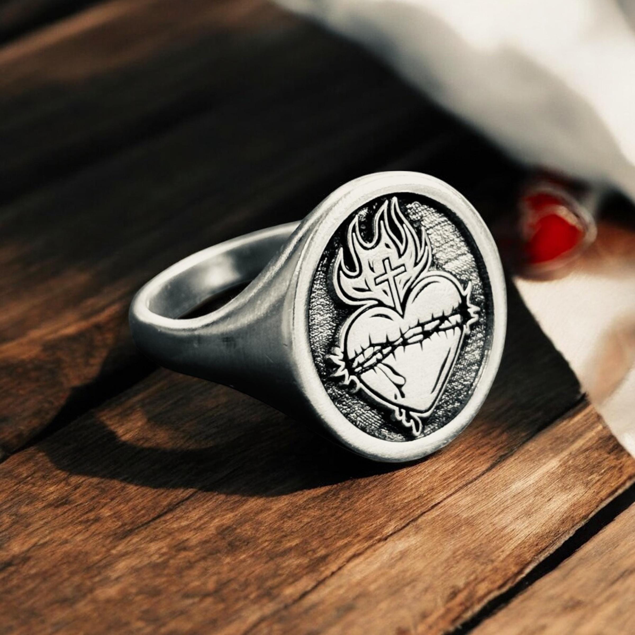 Sacred Heart Ring, Heart of Jesus Signet Ring Men, Religious Pinky 