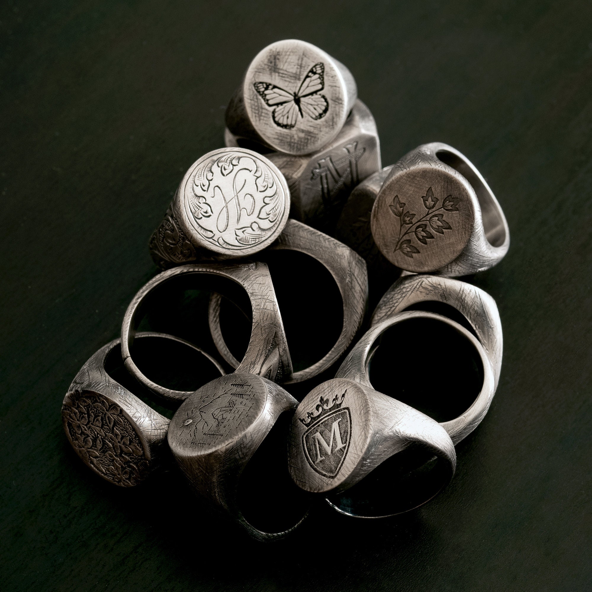 Vintage Ivy Signet Ring, Wildflower Engraved Sterling Silver