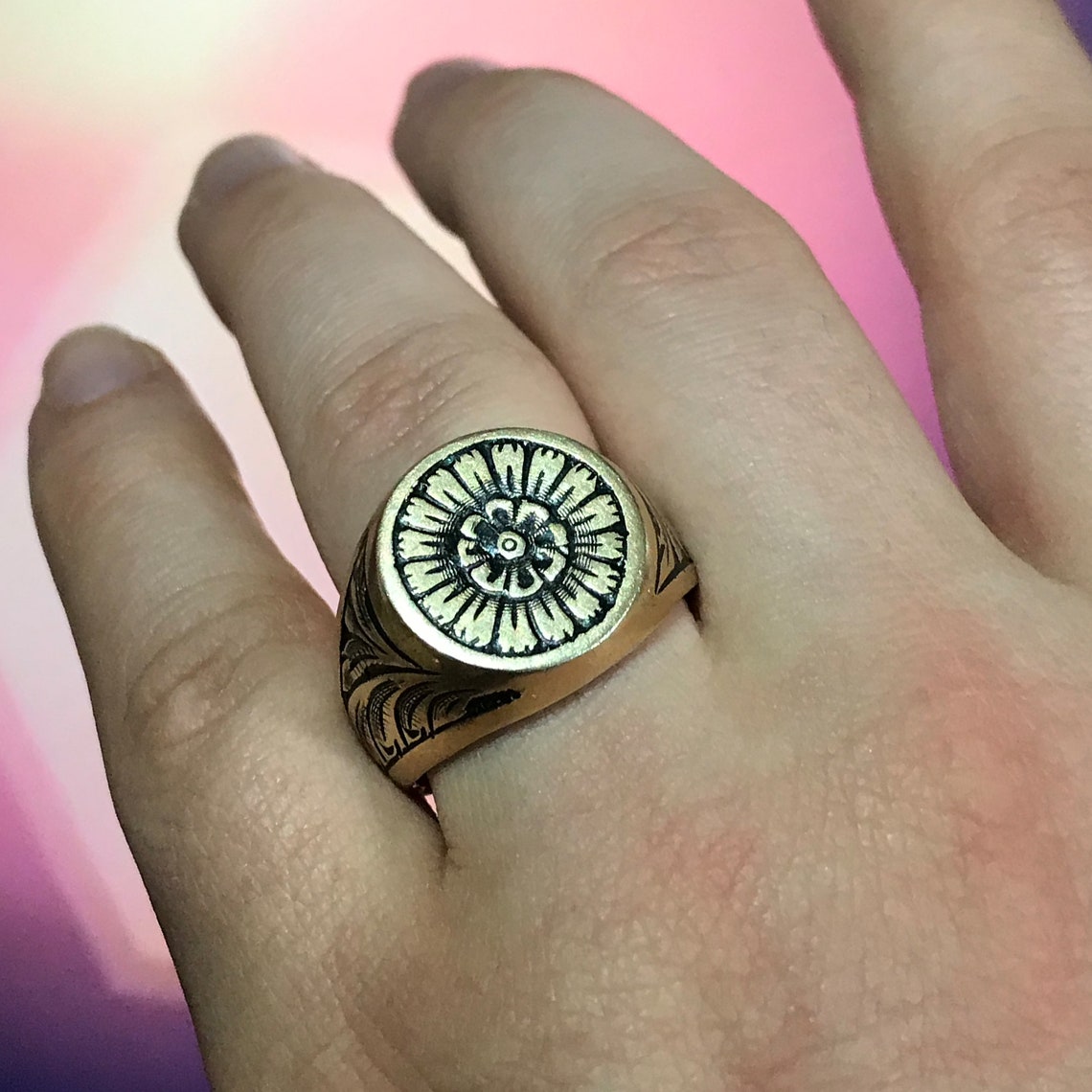 Vintage Hand Engraved Pinky Daisy Flower Silver Ring Etsy
