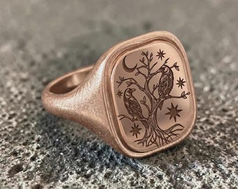 Ravens Signet Ring – Silver Tree and Moon Stars Pinky Ring, Crow Bird Jewelry