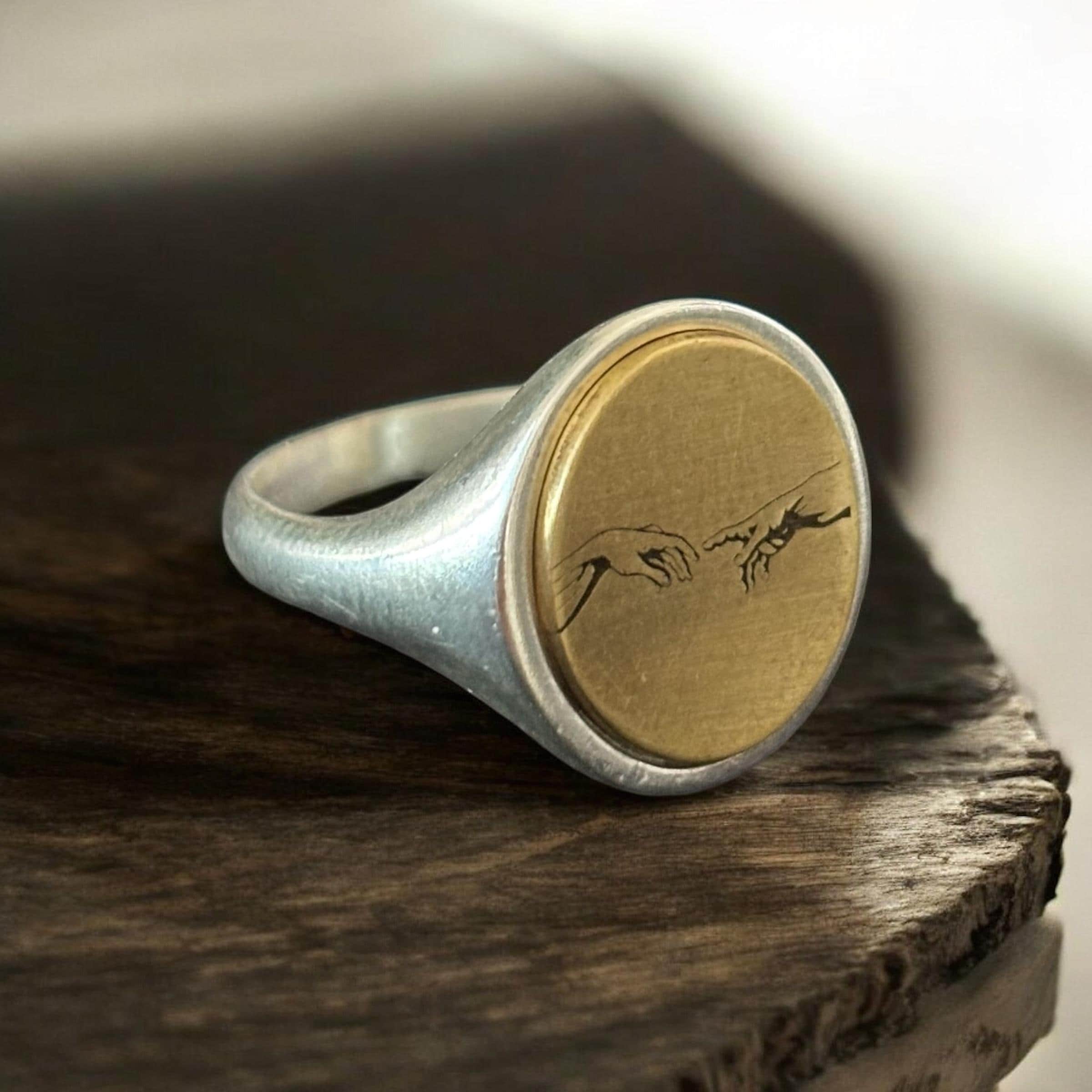 The Creation of Adam Ring, Hand of God Signet Ring Man, Custom Art