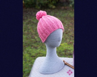 Cyma Hand-Knitted Pink Beanie Hat with Pompom