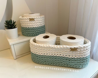 Handmade Crochet Toilet Paper Basket: Recycled Yarn Bathroom Decor