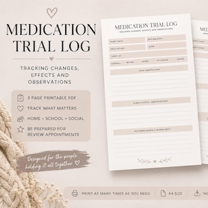 May include: A three-page printable Medication Trial Log PDF set with a neutral beige colour scheme. The forms feature headers for tracking changes, effects, and observations, including sections for dates, medication details, home, school, and social notes.