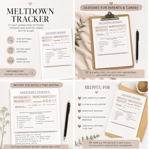 May include: A printable Meltdown Tracker PDF document featuring sections for date, time, duration, and location. The form includes checkboxes for identifying triggers, space for recording what happened, and notes on what helped, presented in a clean layout.