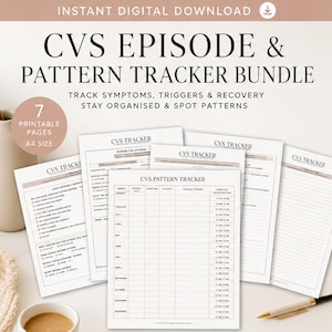 May include: A digital CVS episode and pattern tracker bundle featuring seven printable A4 pages. The set includes a yearly pattern tracker, early warning signs tracker, episode tracker, recovery tracker, and notes page with a neutral design.