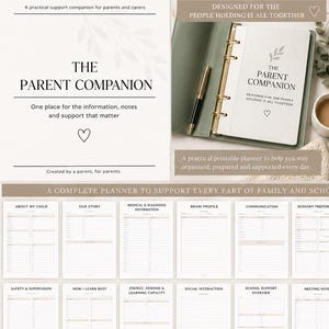 以下が含まれることがあります： 「The Parent Companion」と題されたデジタルプランナーで、保護者や介護者向けの100ページ以上の印刷可能なシートが含まれています。医療情報、学校のサポート、会議のメモ、日々の記録のためのセクションが、清潔でニュートラルなレイアウトで構成されています。