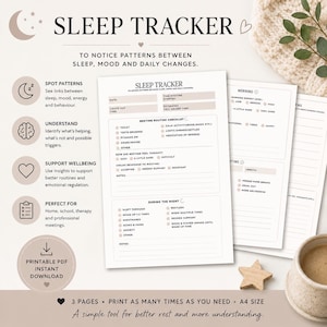 Pode incluir: Um documento de rastreamento de sono imprimível de três páginas em tamanho A4. O layout inclui seções para data, listas de verificação de rotina de dormir e observações noturnas, com detalhes em bege e ícones de lua e coração.