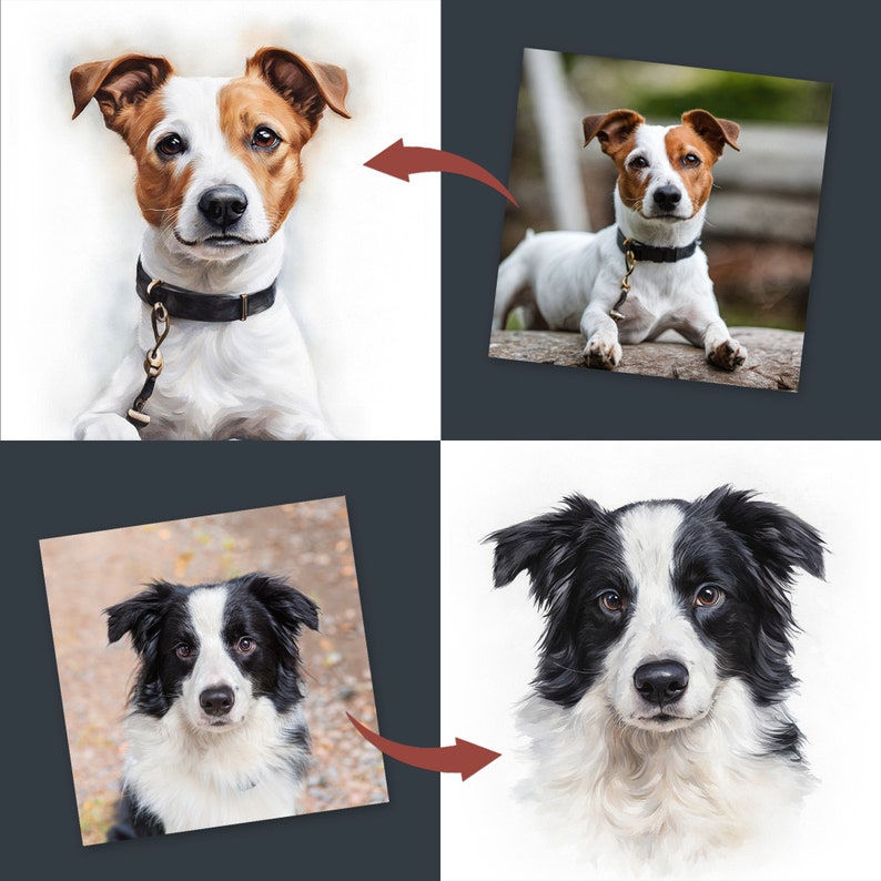 Puede incluir: Dos pinturas de acuarela de perros. La primera pintura es de un Jack Russell Terrier con pelaje marr&oacute;n y blanco. La segunda pintura es de un Border Collie con pelaje negro y blanco.
