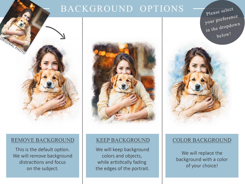 May include: Three options for customizing a pet portrait: remove the background, keep the background, or replace the background with a color of your choice. The image shows a woman and her dog in three different styles.