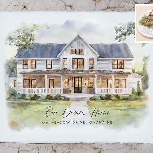 Kundenspezifisches Aquarell-Haus-Portrait, Housewarminggeschenk