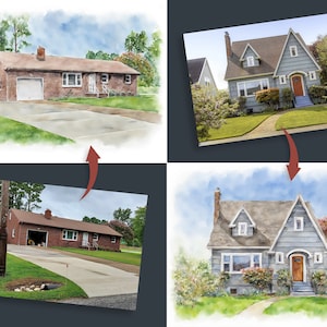 Puede incluir: Una pintura de acuarela de una transformaci&oacute;n de casa. La casa original es una casa de estilo ranch de ladrillo con un garaje para un solo coche. La casa transformada es una casa de dos pisos, de color azul claro, con un techo a dos aguas y un porche delantero.