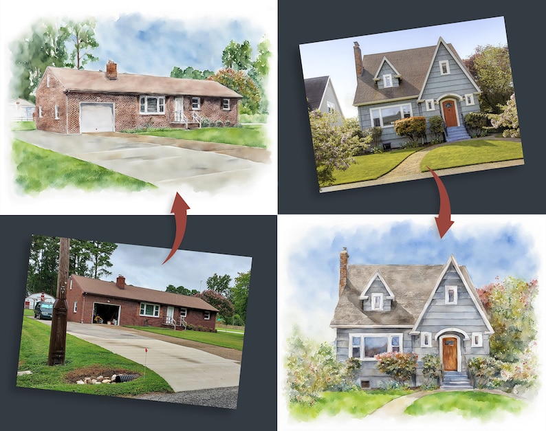 Puede incluir: Una pintura de acuarela de una transformaci&oacute;n de casa. La casa original es una casa de estilo ranch de ladrillo con un garaje para un solo coche. La casa transformada es una casa de dos pisos, de color azul claro, con un techo a dos aguas y un porche delantero.