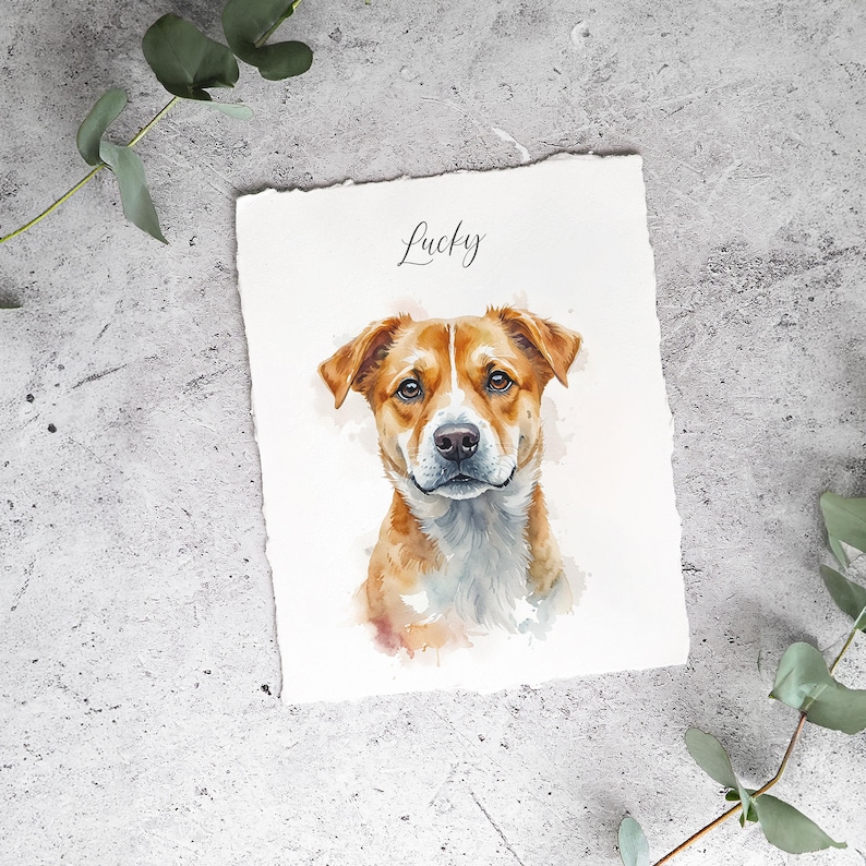 May include: Watercolor painting of a brown and white dog with the name "Lucky" written above it.