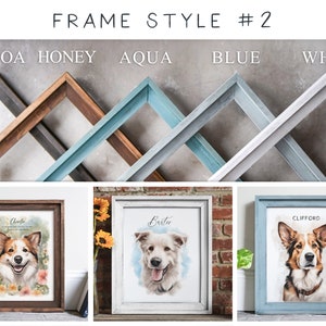 Puede incluir: Tres retratos de mascotas enmarcados con marcos de diferentes colores. Los marcos est&aacute;n etiquetados como "Cocoa", "Honey", "Aqua", "Blue" y "White". Los retratos muestran perros con los nombres "Charlie", "Bartie" y "Clifford" escritos debajo de las im&aacute;genes.